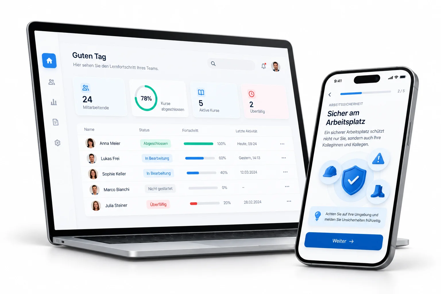Admin-Dashboard mit dem Lernfortschritt des Teams und ein Kurs auf dem Smartphone
